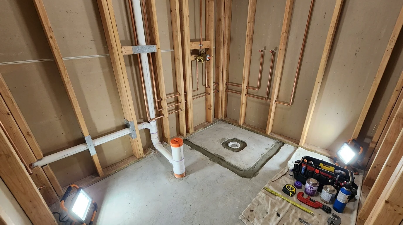 Bathroom rough-in plumbing during remodel by Johns Plumbing LLC in Greenbelt