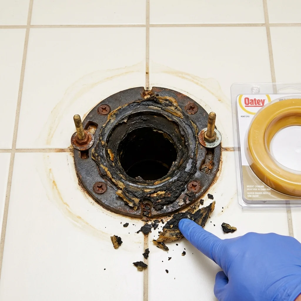 Failed wax ring showing water seepage at the base of a toilet in a Greenbelt, MD home