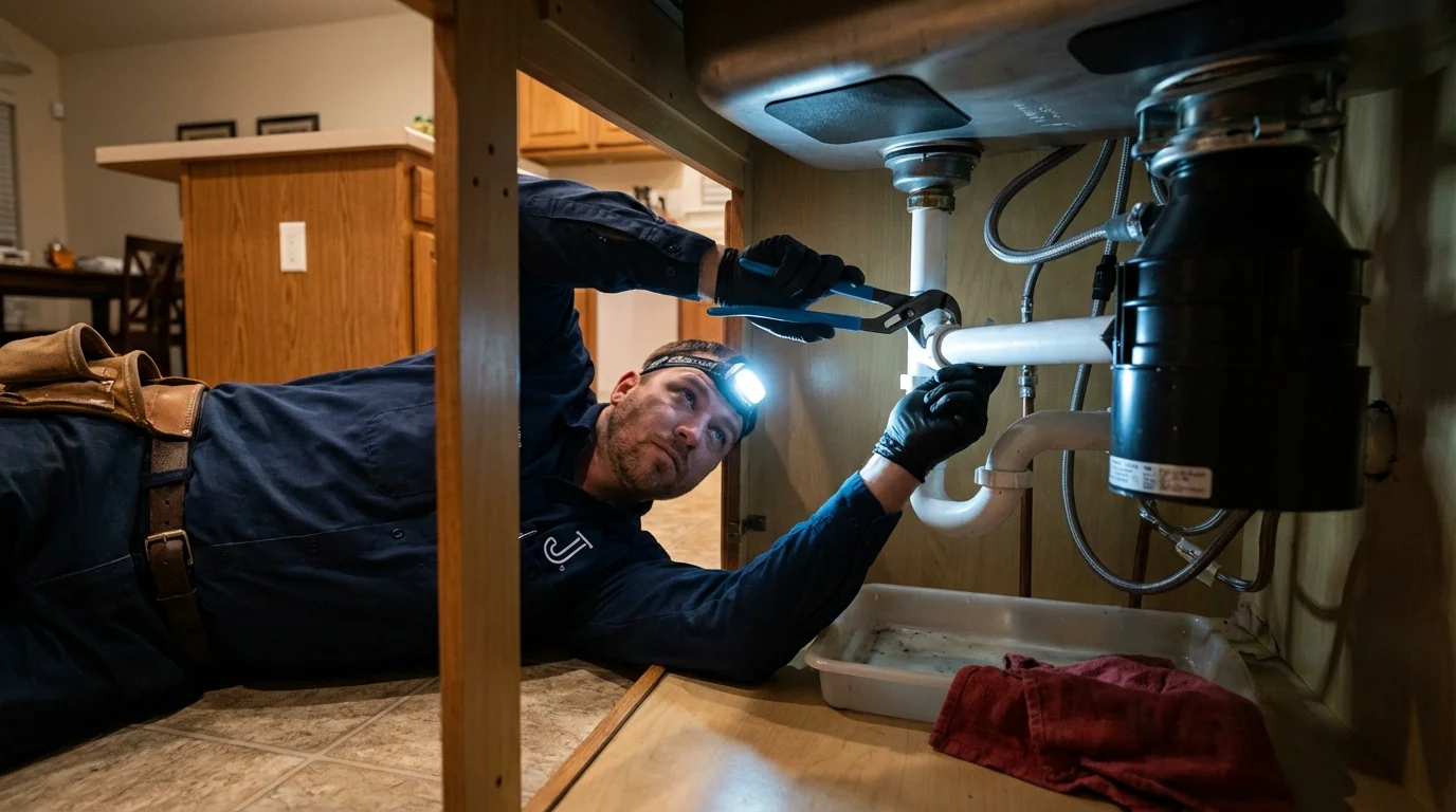 P-trap and supply line connections under a kitchen sink showing a common leak point in Greenbelt, MD